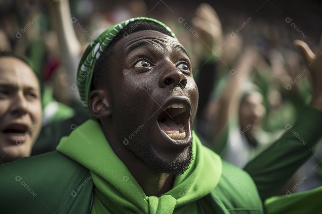 Vista aproximada, fãs de futebol masculinos surpresos com cores verdes