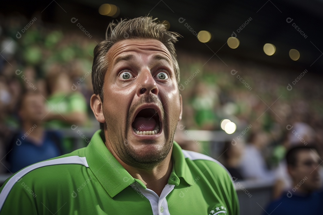 Vista aproximada, fãs de futebol masculinos surpresos com cores verdes