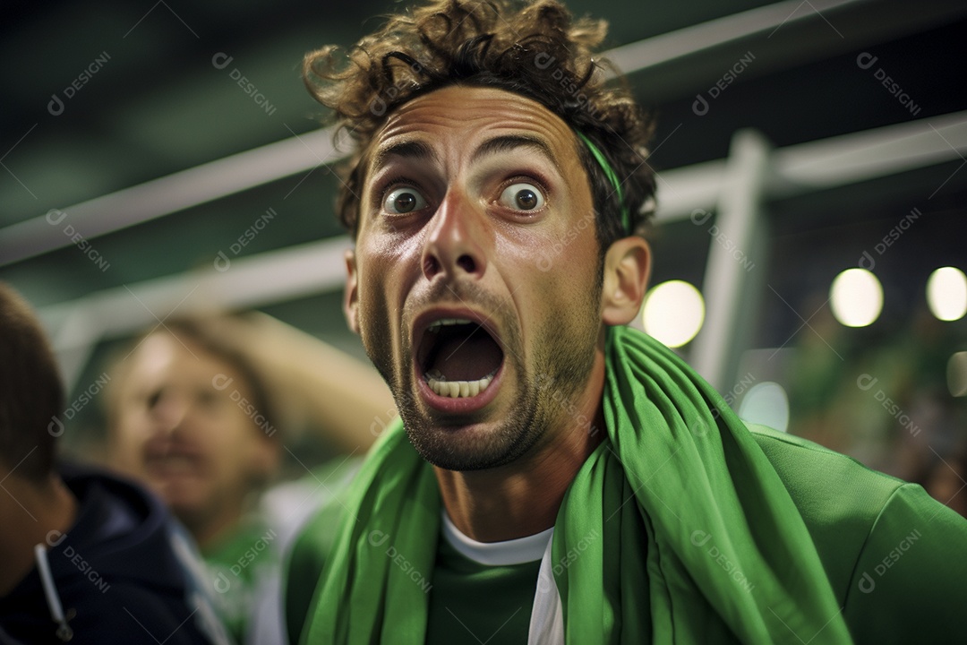 Vista aproximada, fãs de futebol masculinos surpresos com cores verdes