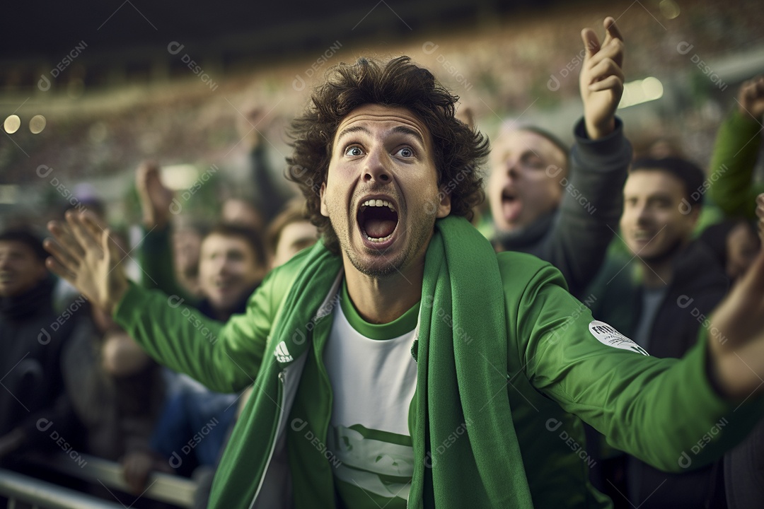 Vista aproximada, fãs de futebol masculinos surpresos com cores verdes