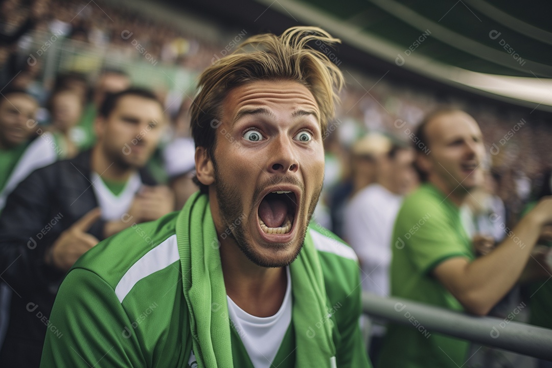 Vista aproximada, fãs de futebol masculinos surpresos com cores verdes