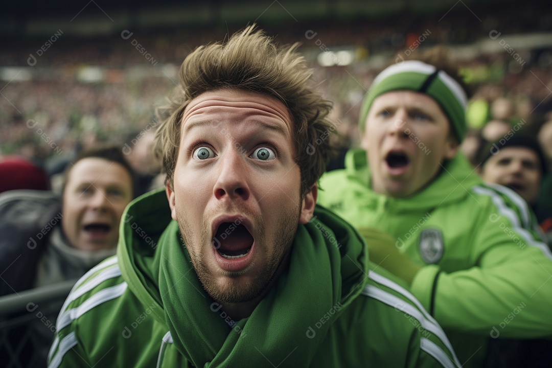 Vista aproximada, fãs de futebol masculinos surpresos com cores verdes