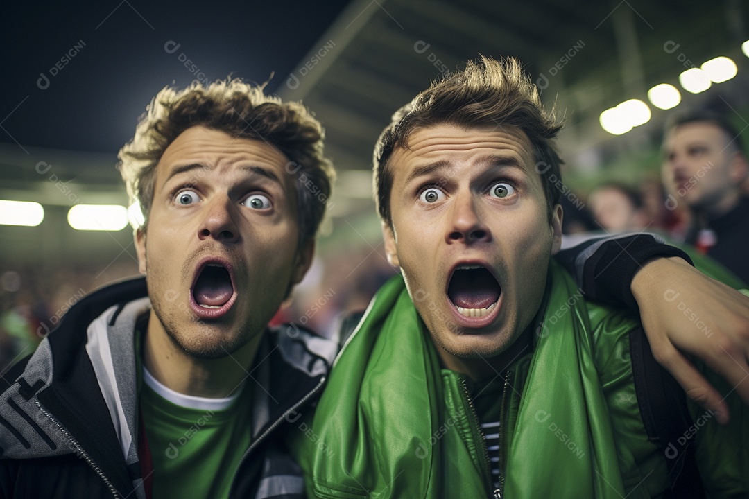 Vista aproximada, fãs de futebol masculinos surpresos com cores verdes