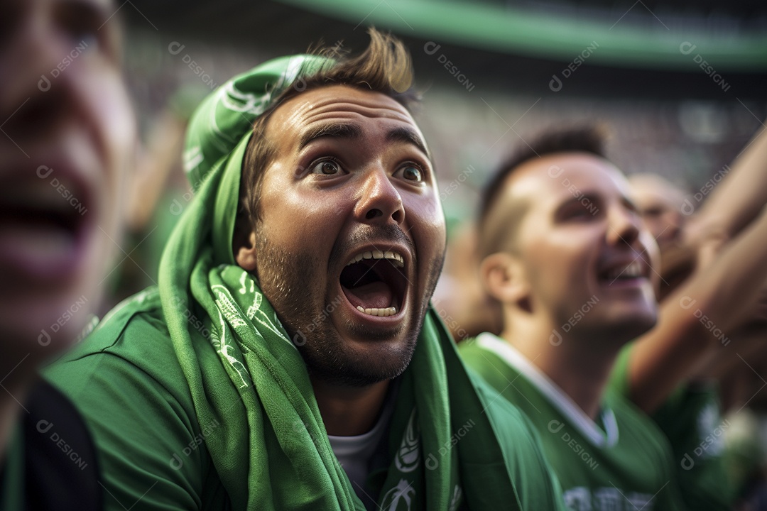 Vista aproximada, fãs de futebol masculinos surpresos com cores verdes