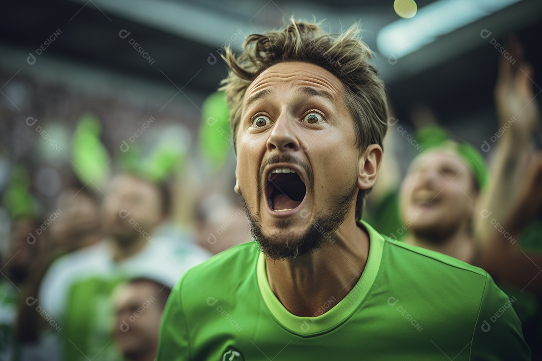 Vista aproximada, fãs de futebol masculinos surpresos com cores verdes