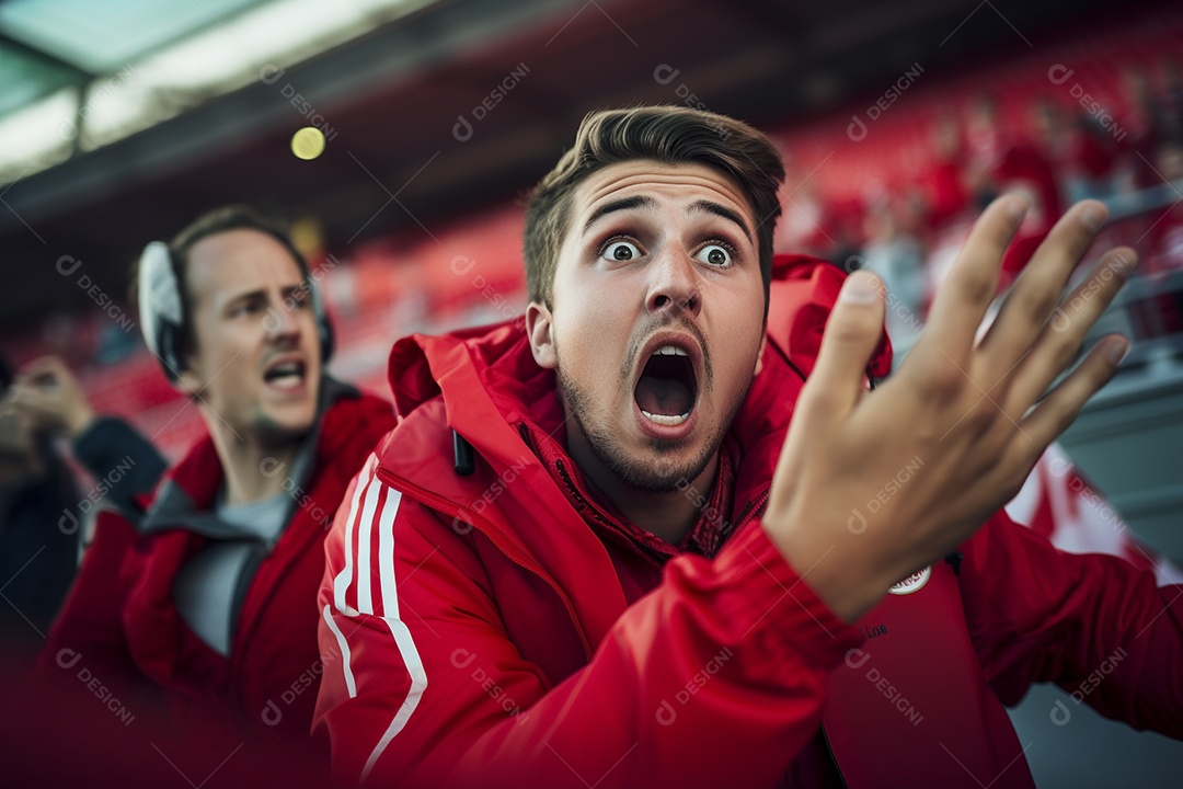Vista aproximada, fãs de futebol masculinos surpresos com cores vermelhas
