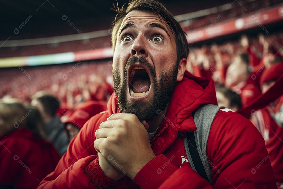 Vista aproximada, fãs de futebol masculinos surpresos com cores vermelhas