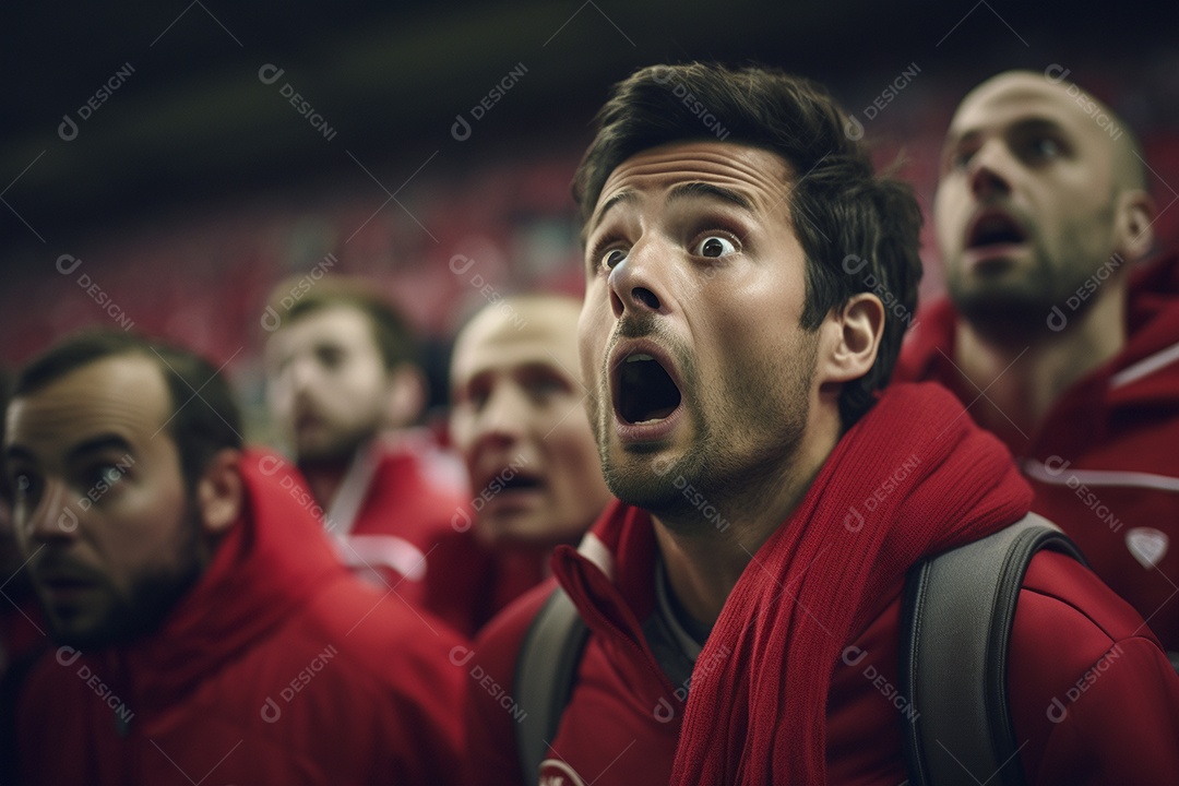 Vista aproximada, fãs de futebol masculinos surpresos com cores vermelhas