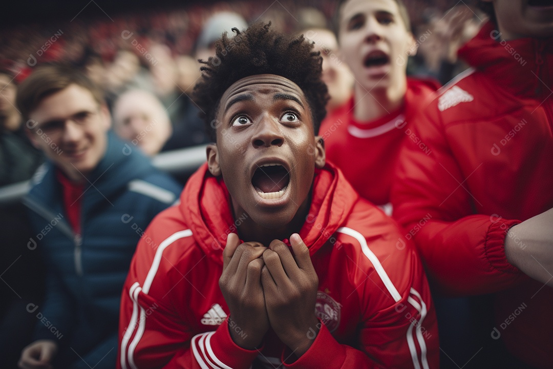Vista aproximada, fãs de futebol masculinos surpresos com cores vermelhas