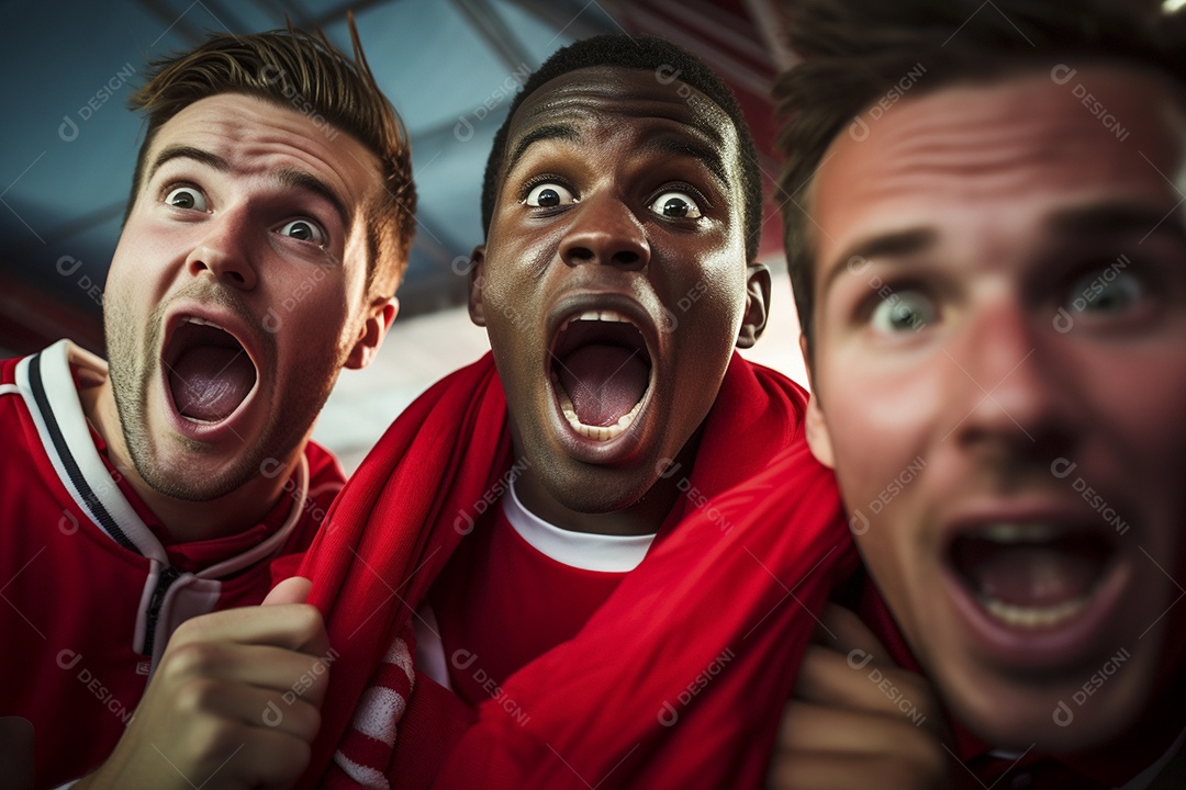 Vista aproximada, fãs de futebol masculinos surpresos com cores vermelhas