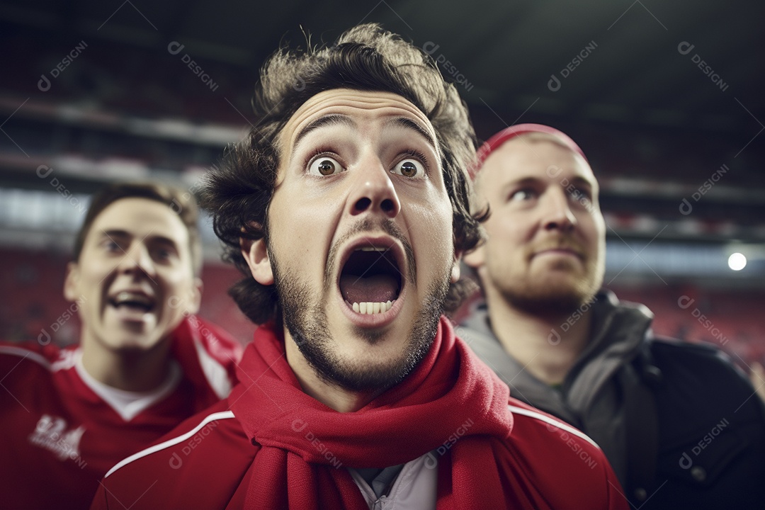 Vista aproximada, fãs de futebol masculinos surpresos com cores vermelhas