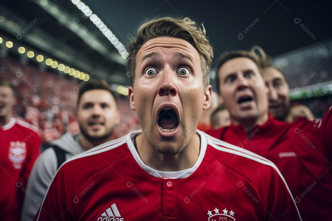 Vista aproximada, fãs de futebol masculinos surpresos com cores vermelhas