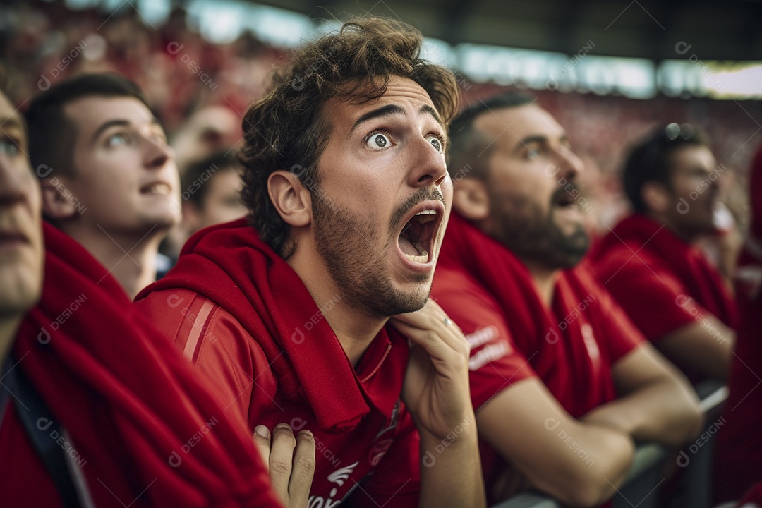 Vista aproximada, fãs de futebol masculinos surpresos com cores vermelhas