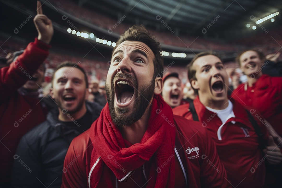 Vista aproximada, fãs de futebol masculinos surpresos com cores vermelhas