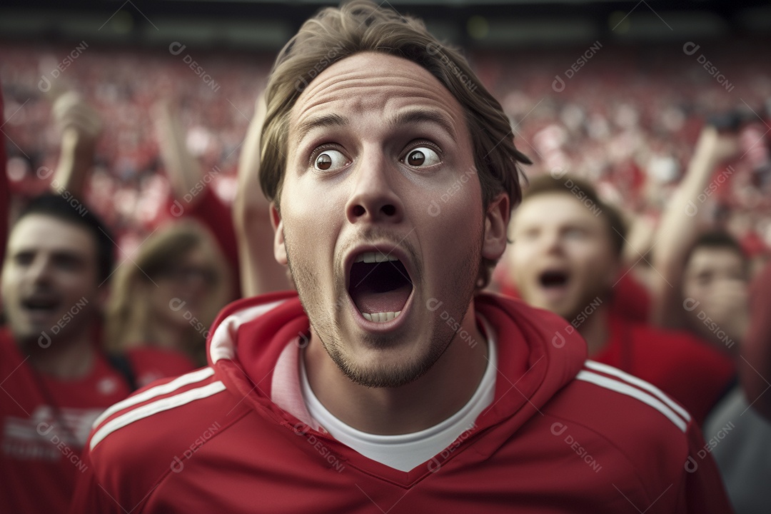 Vista aproximada, fãs de futebol masculinos surpresos com cores vermelhas