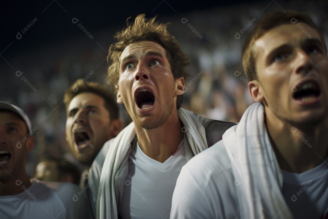 Vista aproximada, fãs de futebol masculinos surpresos com cores brancas