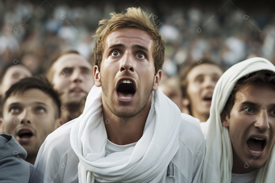 Vista aproximada, fãs de futebol masculinos surpresos com cores brancas