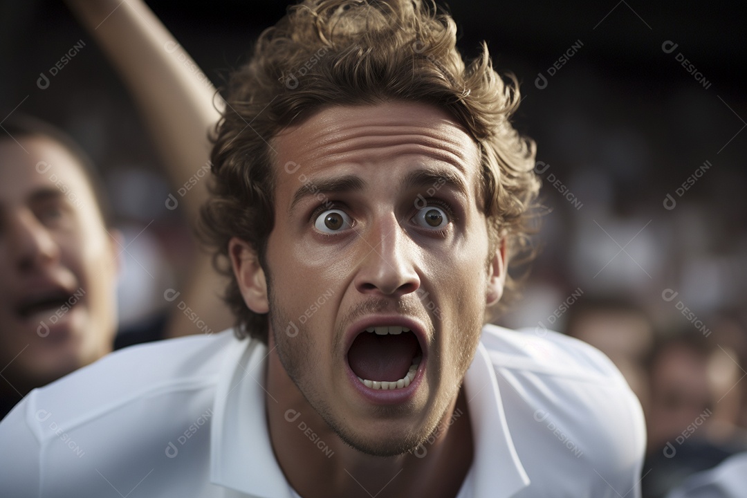 Vista aproximada, fãs de futebol masculinos surpresos com cores brancas