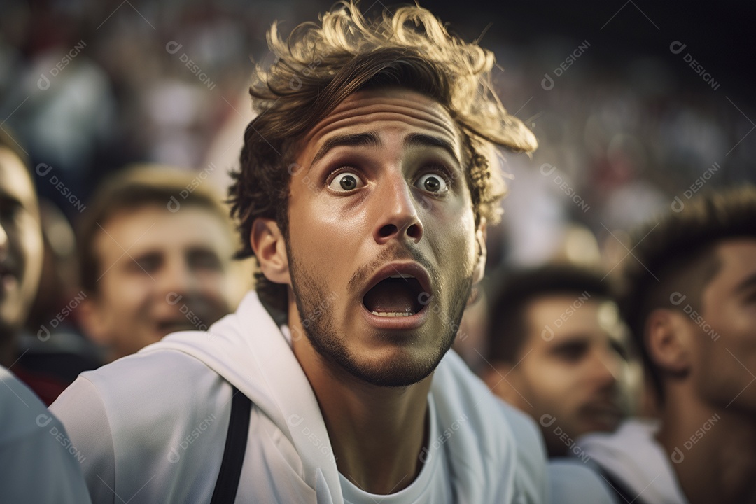 Vista aproximada, fãs de futebol masculinos surpresos com cores brancas