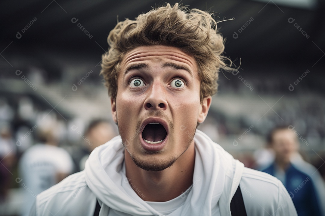 Vista aproximada, fãs de futebol masculinos surpresos com cores brancas