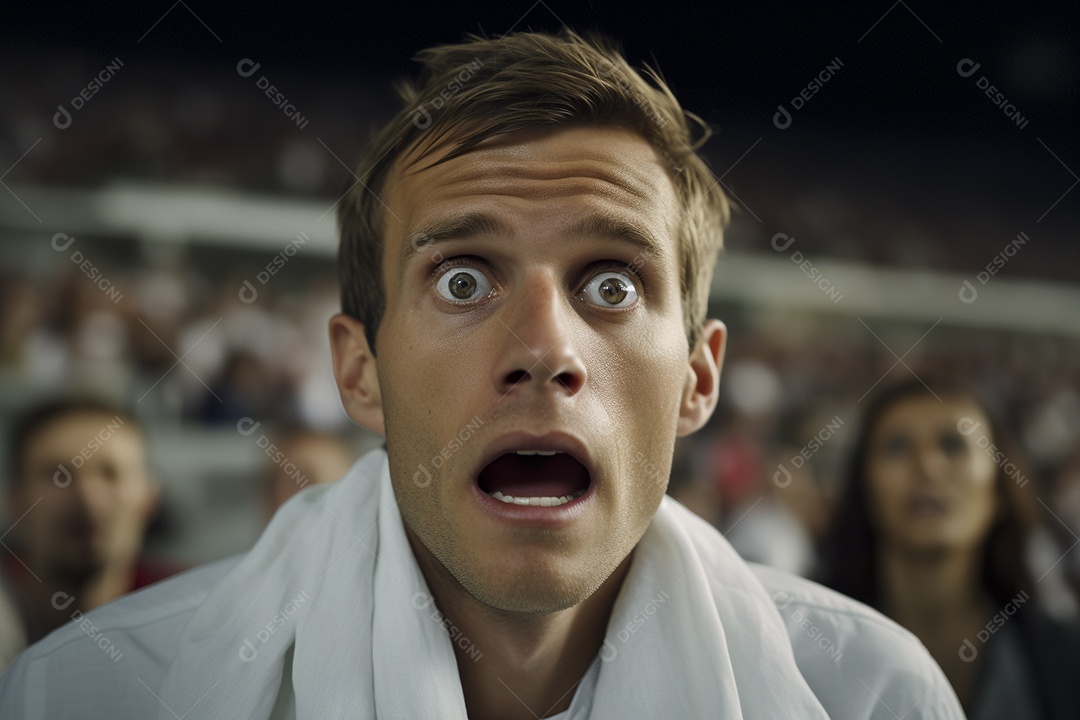 Vista aproximada, fãs de futebol masculinos surpresos com cores brancas