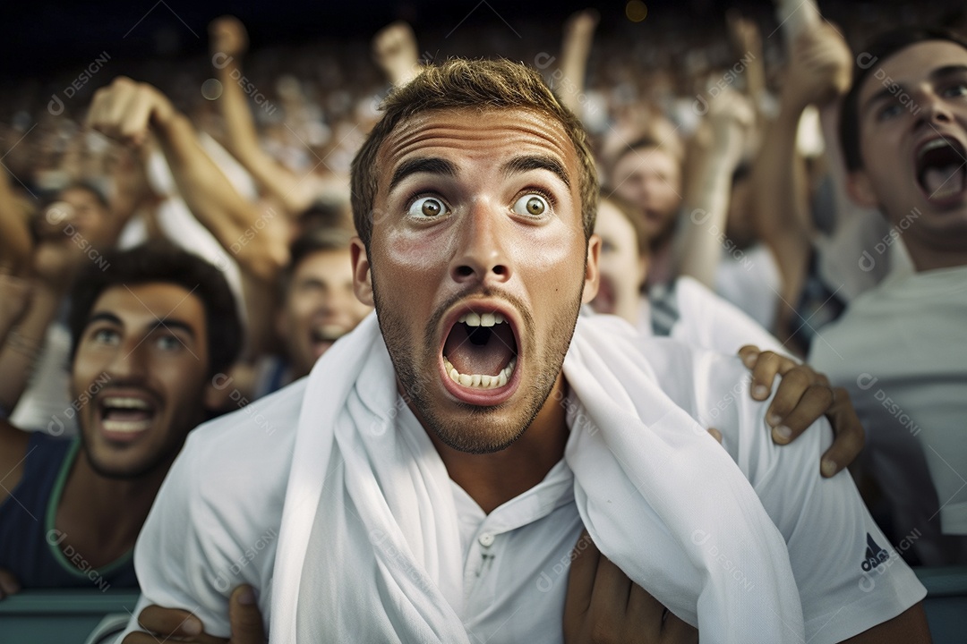 Vista aproximada, fãs de futebol masculinos surpresos com cores brancas