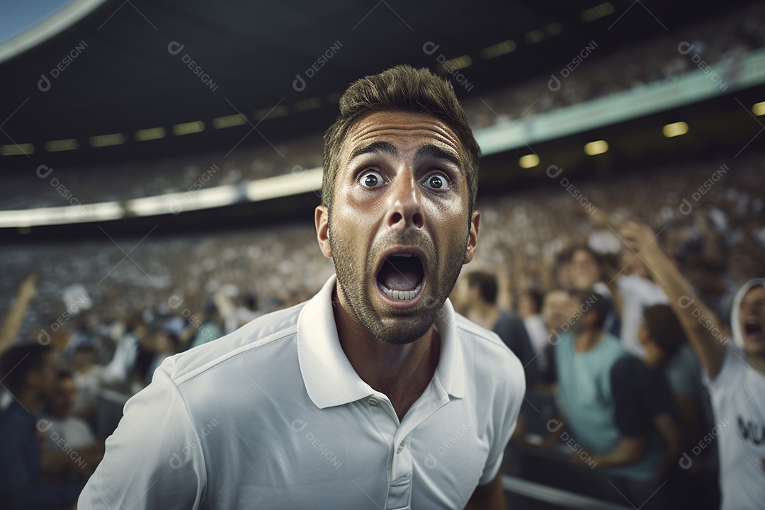 Vista aproximada, fãs de futebol masculinos surpresos com cores brancas