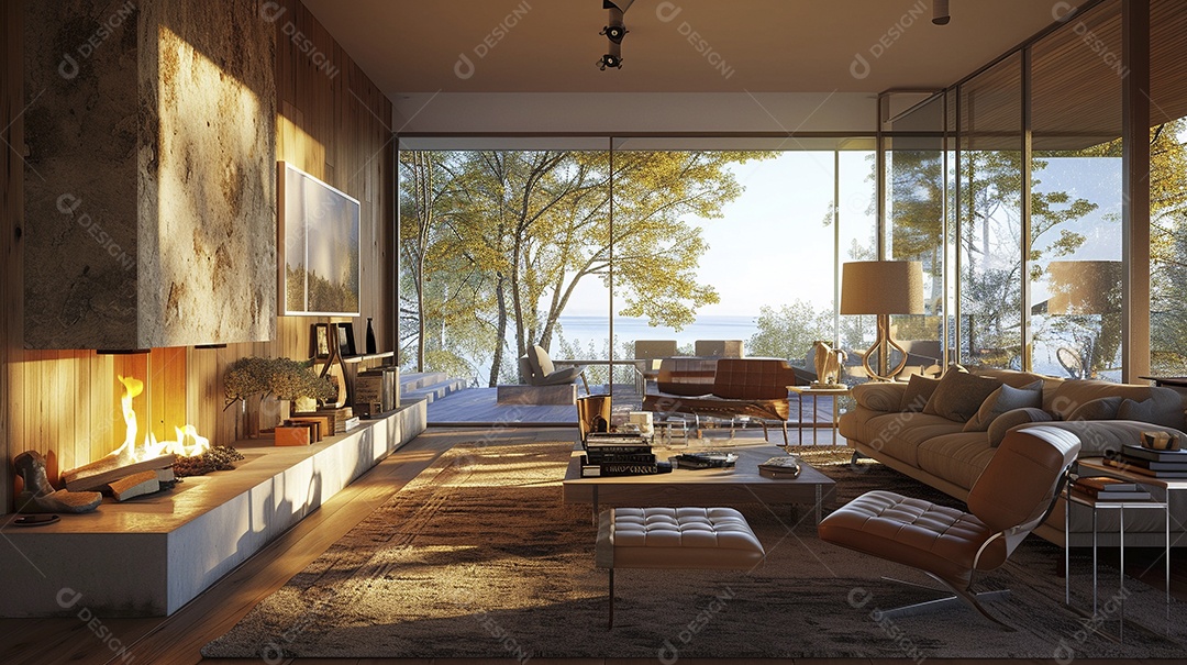 Sala de estar moderna com lareira na parede