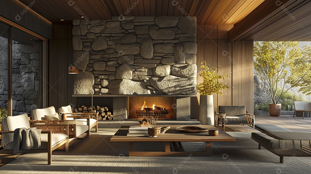 Sala de estar moderna com lareira na parede