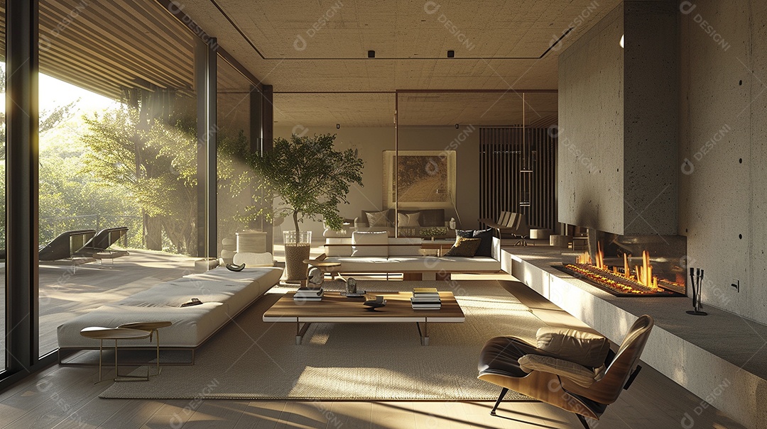 Sala de estar moderna com lareira na parede