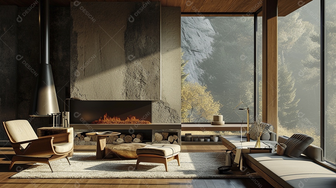 Sala de estar moderna com lareira na parede