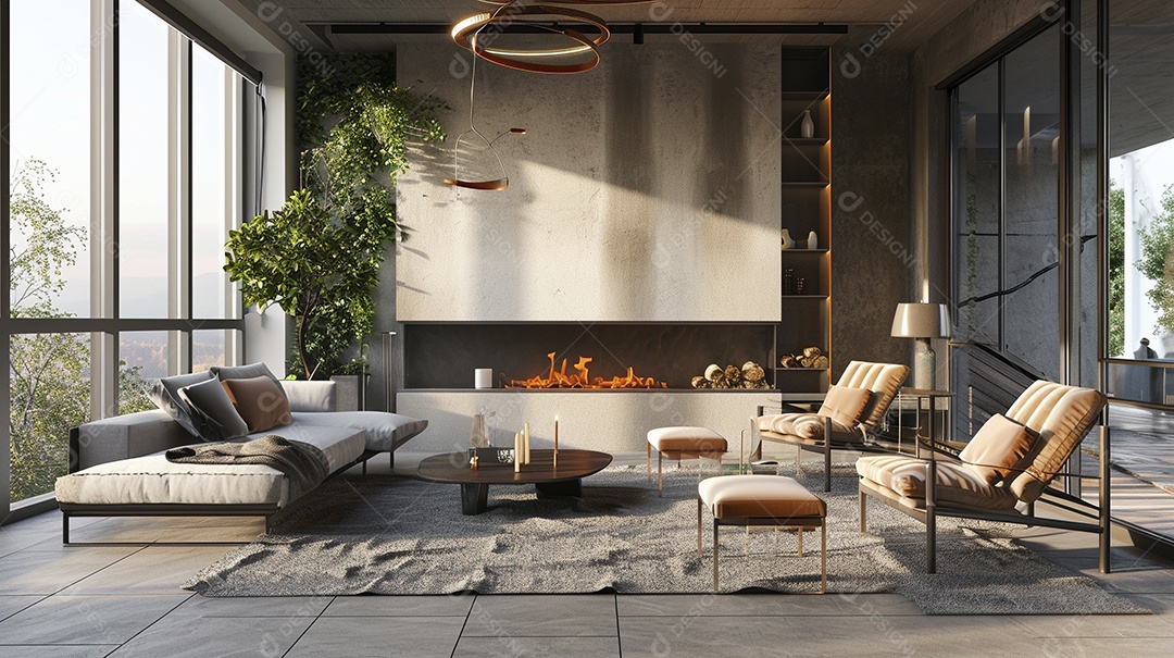Modern living room with wall fireplace_029]Sala de estar moderna com lareira na parede