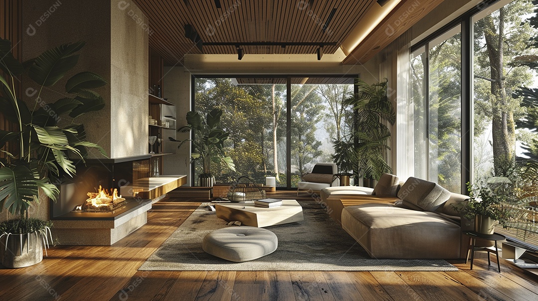 Sala de estar moderna com lareira na parede