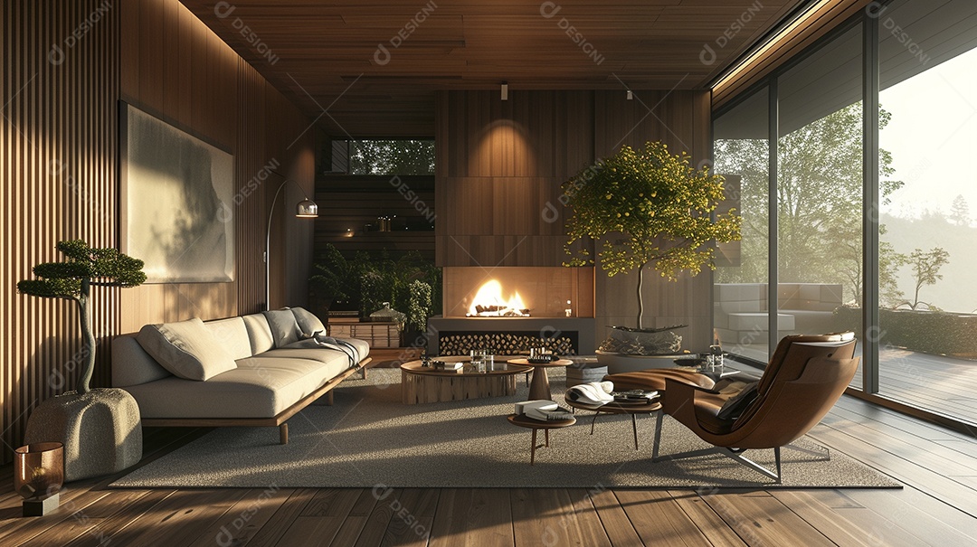 Sala de estar moderna com lareira na parede