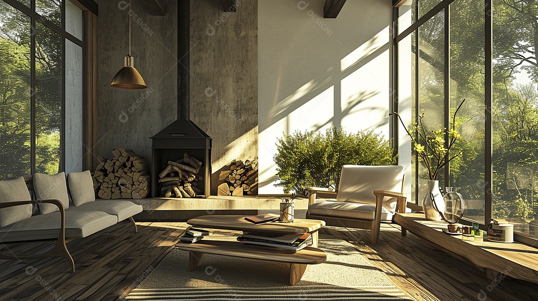 Sala de estar moderna com lareira na parede