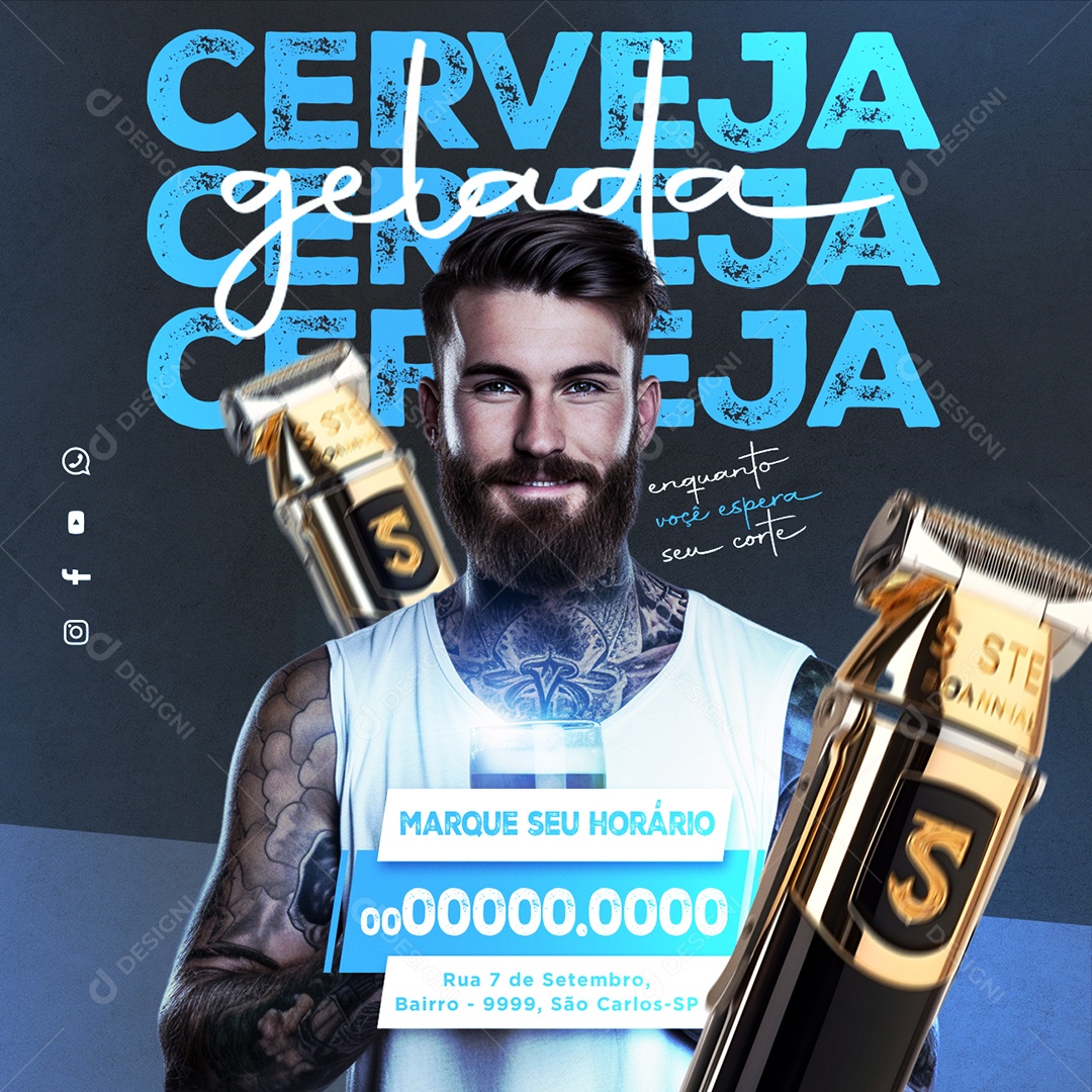 Barbearia Cerveja Gelada enquanto você espera seu corte Marque seu Horário Social Media PSD Editável