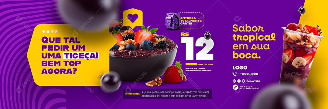 Carrossel Açaiteria Sabor tropical em sua Boca Tigela de Açaí Social Media PSD Editável