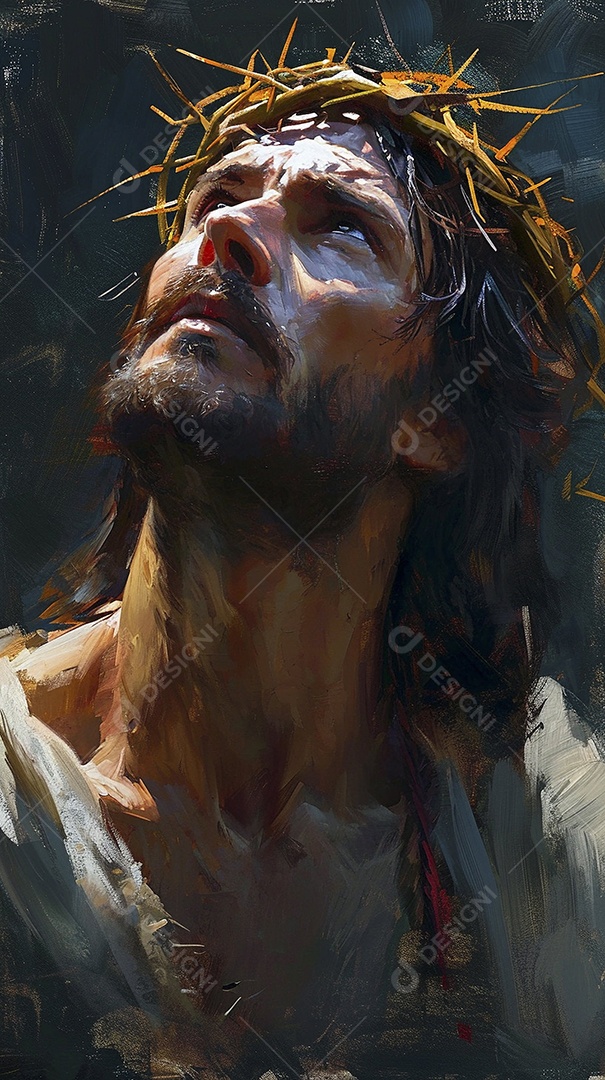 Imagem de um homem com um coroa de espinho olhando para cima semelhante à de Jesus Cristo.