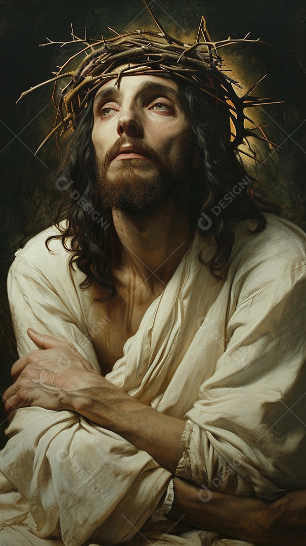 Imagem de um homem com um coroa de espinho e braços cruzados semelhante ao de Jesus Cristo.