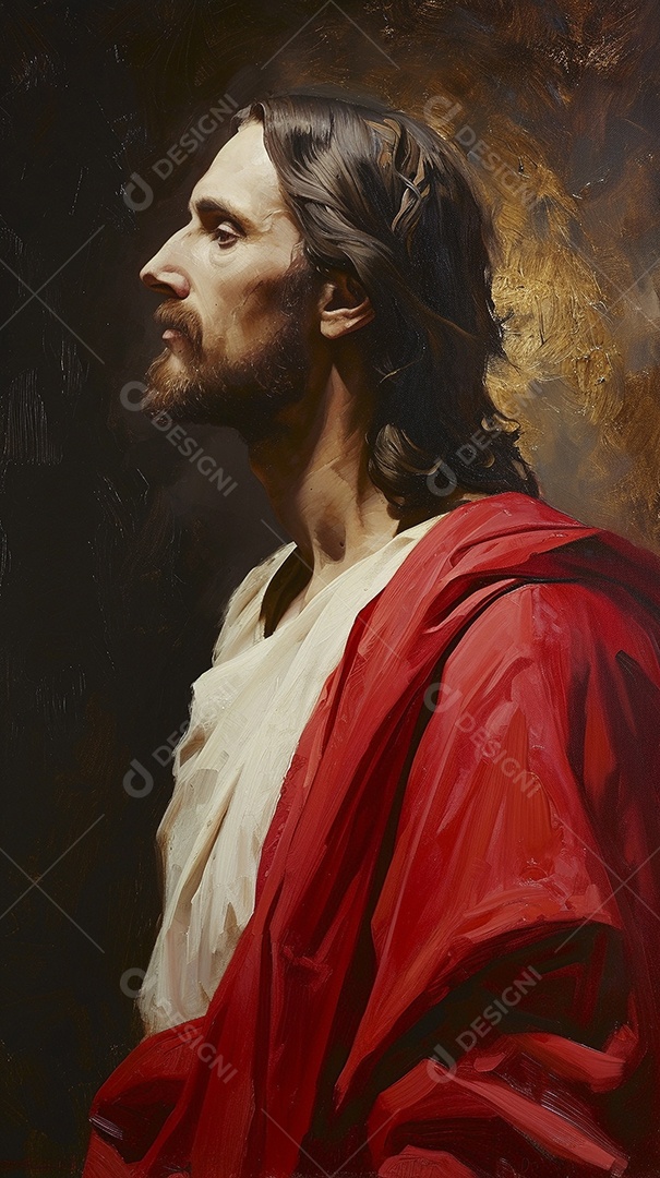 Imagem de um homem vestido com uma túnica  vermelha semelhante à de Jesus Cristo.