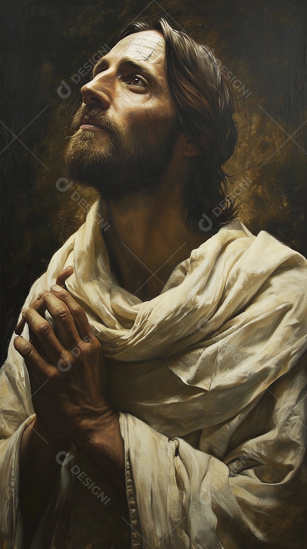 Imagem de um homem vestido com uma túnica  de mãos elevadas semelhante à de Jesus Cristo.