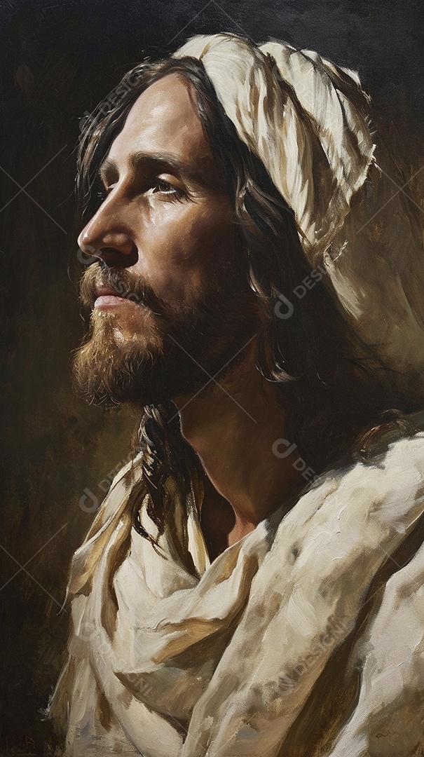 Imagem de perfil do homem vestido com uma túnica  semelhante à de Jesus Cristo.