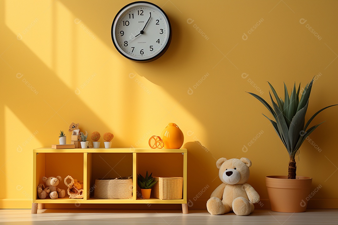 Interior minimalista moderno com brinquedos em um fundo amarelo