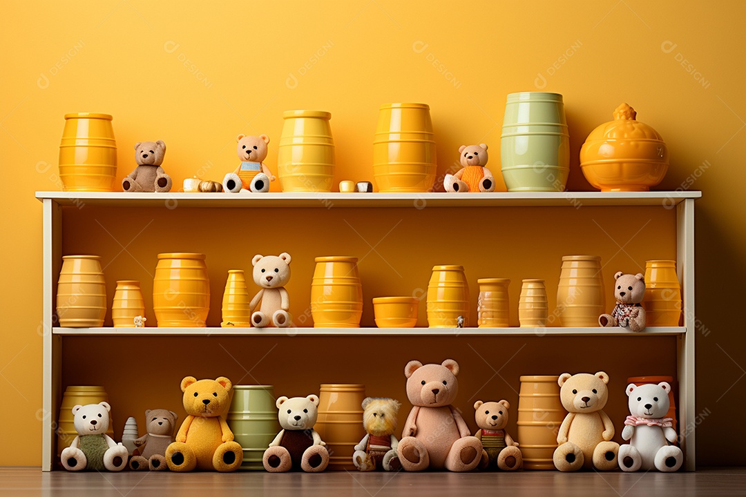 Interior minimalista moderno com brinquedos em um fundo amarelo