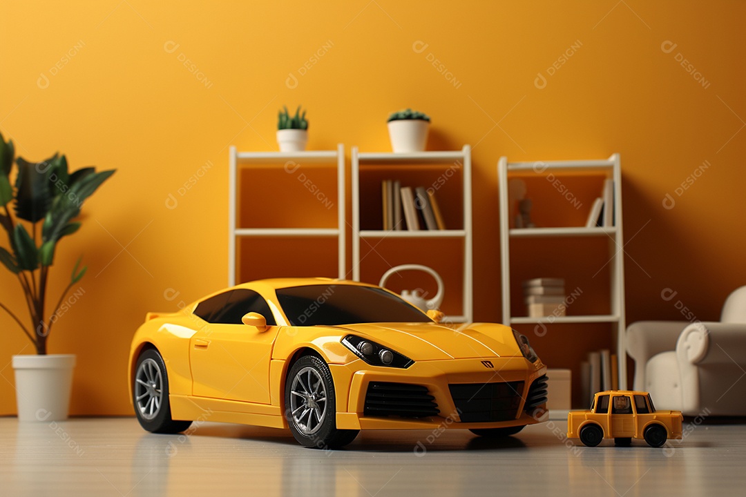 Interior minimalista moderno com brinquedos em um fundo amarelo