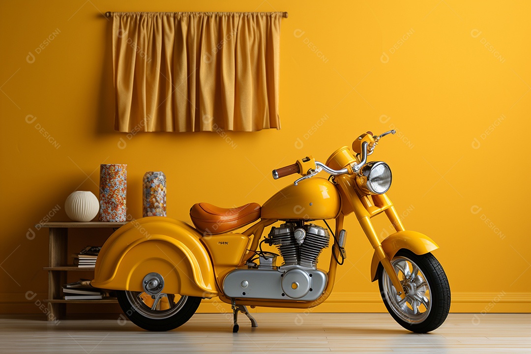 Interior minimalista moderno com brinquedos em um fundo amarelo