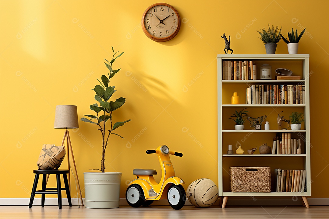 Interior minimalista moderno com brinquedos em um fundo amarelo
