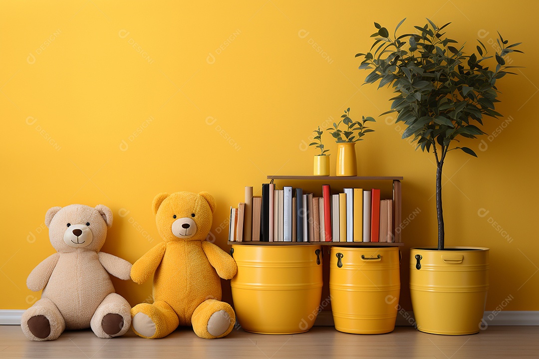 Interior minimalista moderno com brinquedos em um fundo amarelo
