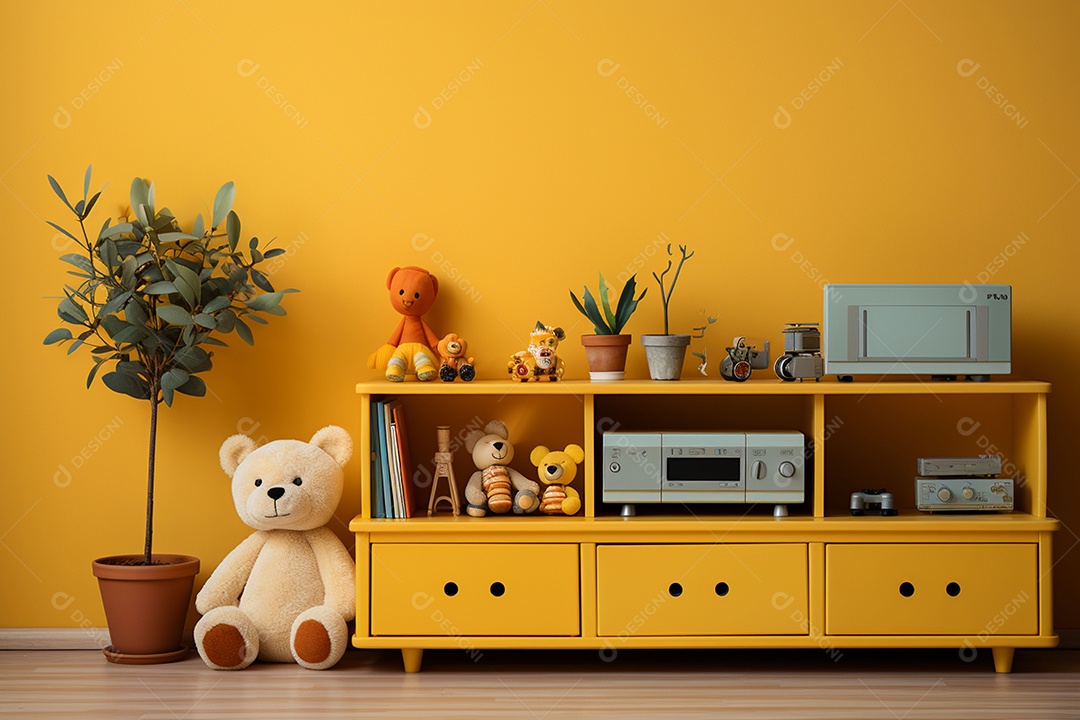 Interior minimalista moderno com brinquedos em um fundo amarelo