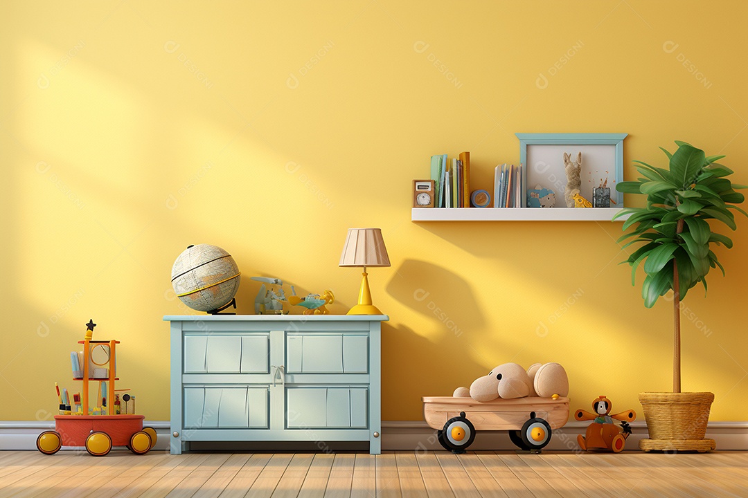 Interior minimalista moderno com brinquedos em um fundo amarelo